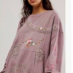 Free People Mauve Pink Embroidered Oversized Sweatshirt
